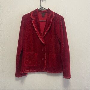 Sara Isabella Red Velvet Blazer With Ruffles and Pockets Large Petite